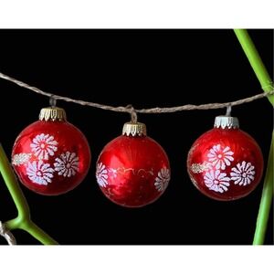 Vintage Christmas Ornaments Red West Germany White Flowers Gold Set of 3